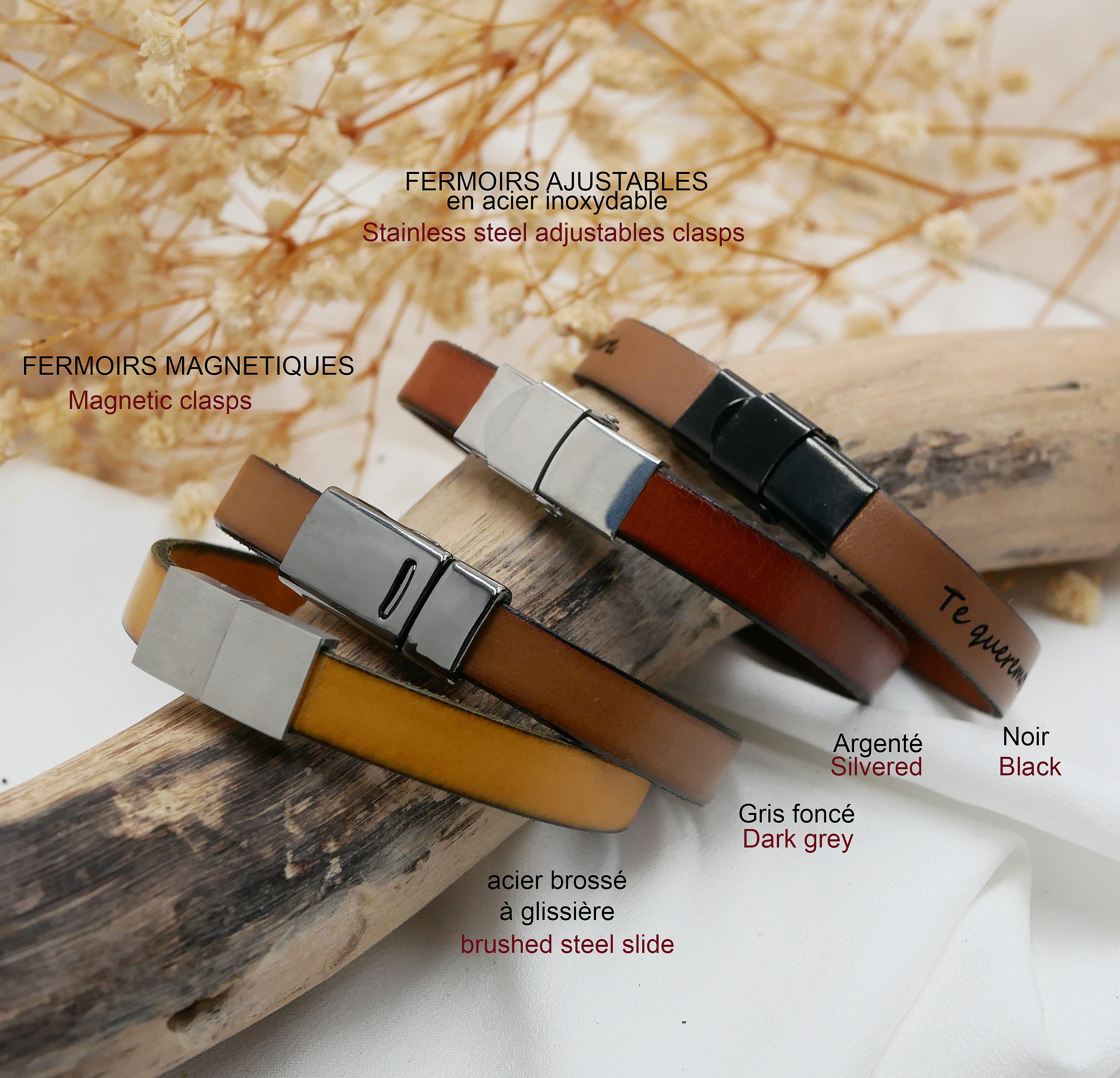 Bracelets en cuir avec fermoirs ajustables en acier inoxydable.