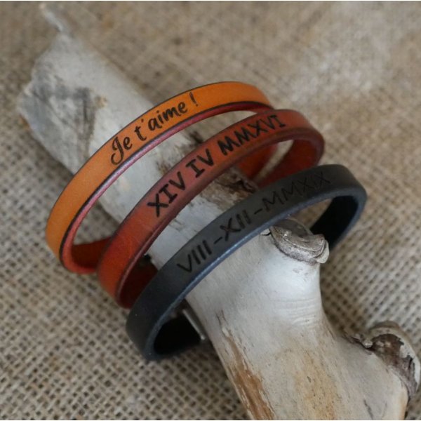 Bracelet cuir Camel Homme grav&eacute; cadeau personnalis&eacute;
