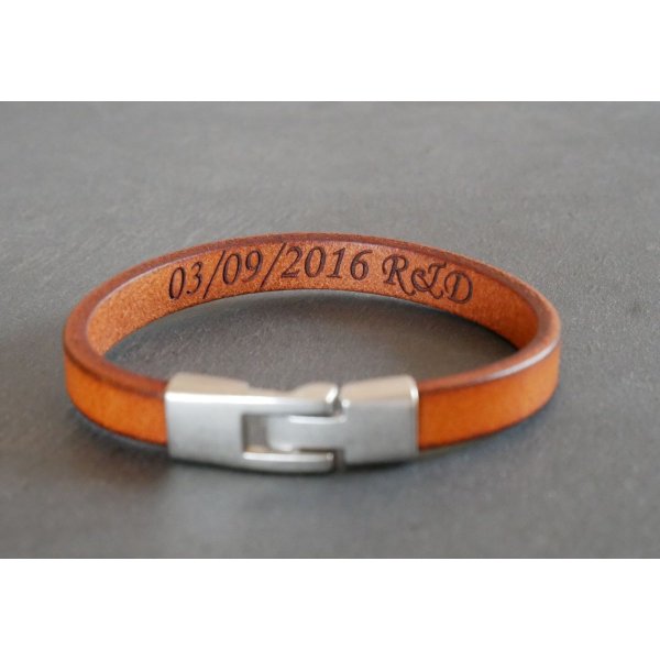 Bracelet cuir Camel Homme grav&eacute; cadeau personnalis&eacute;