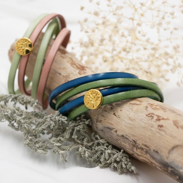 Bracciale in pelle in due colori, personalizzabile con albero della vita cabochon dorato