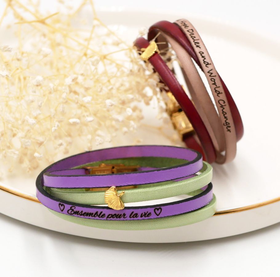 Bracciale Zen in pelle in due colori, personalizzabile con ginkgo dorato 