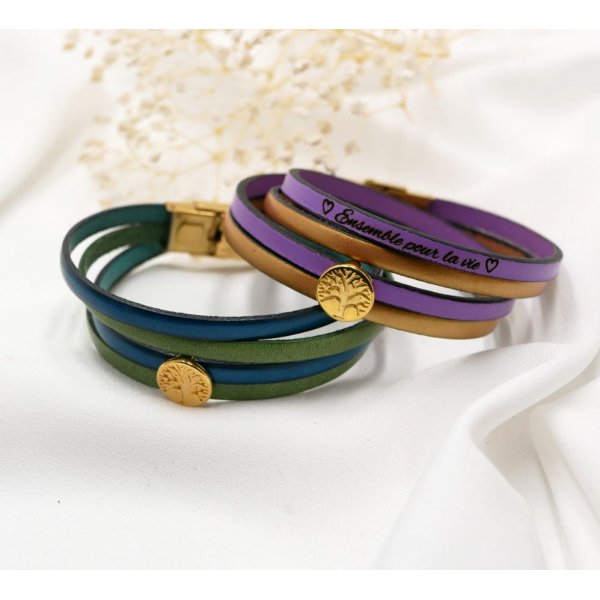 Bracciale in pelle in due colori, personalizzabile con albero della vita cabochon dorato