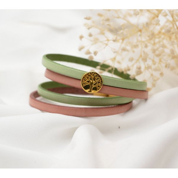 Bracciale in pelle in due colori, personalizzabile con albero della vita cabochon dorato