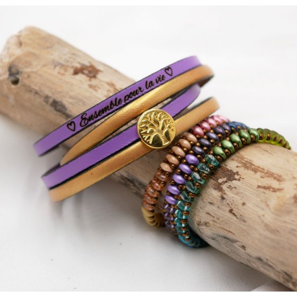 Bracciale in pelle in due colori, personalizzabile con albero della vita cabochon dorato