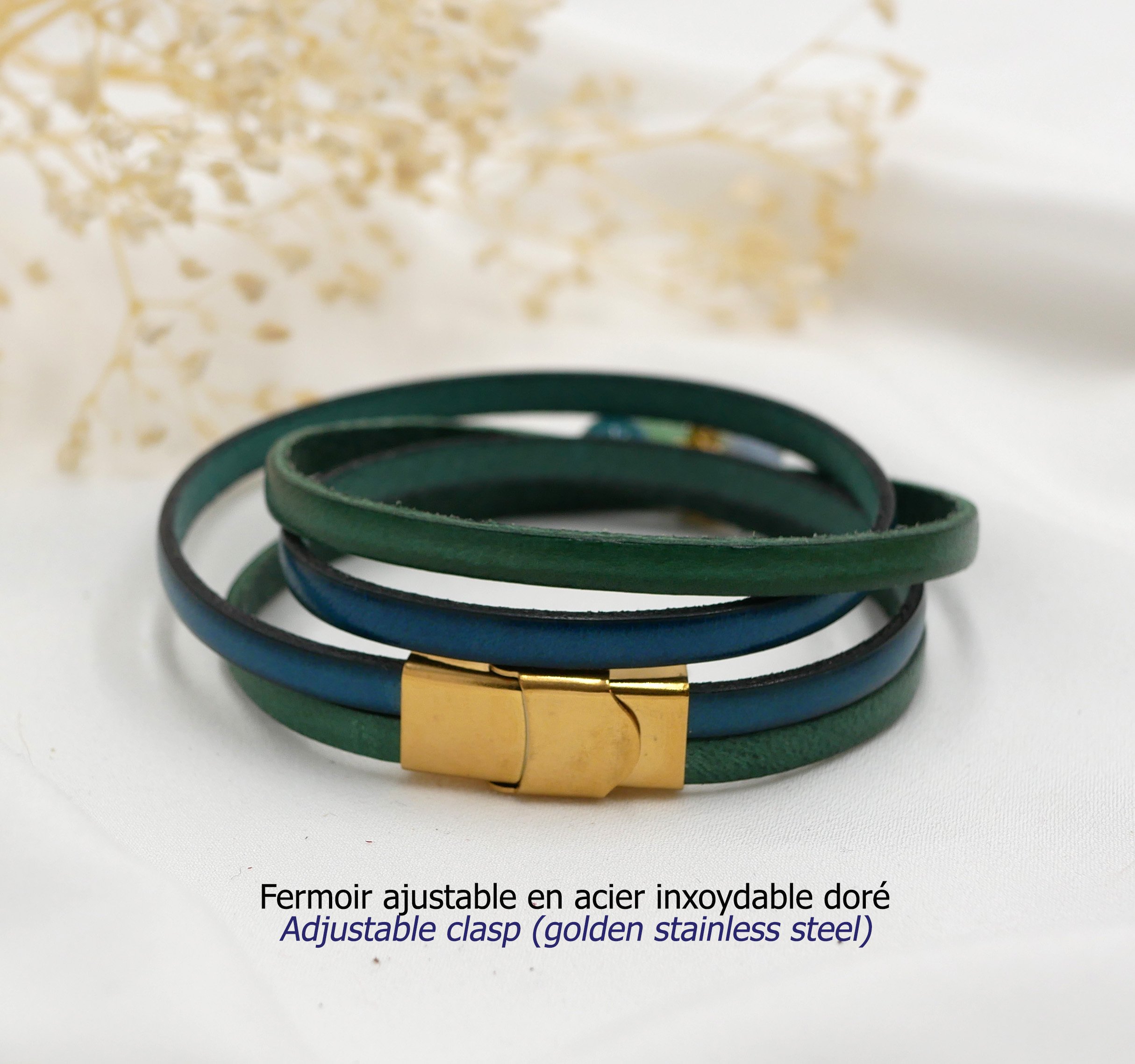 Bracciale in pelle in due colori, personalizzabile con albero della vita cabochon dorato