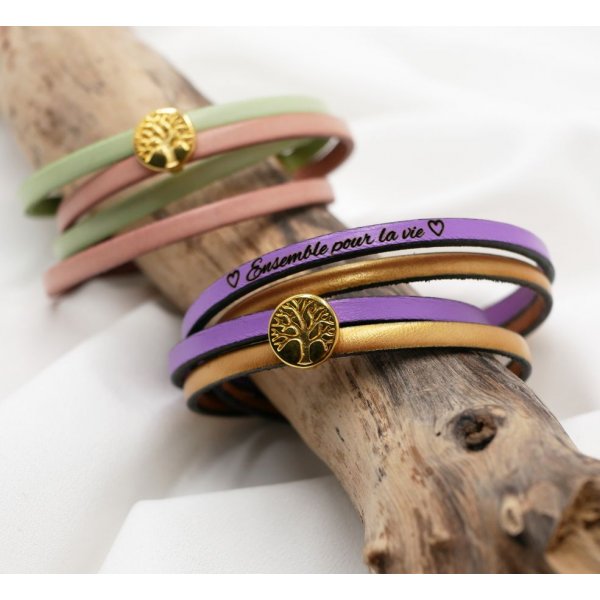 Bracciale in pelle in due colori, personalizzabile con albero della vita cabochon dorato