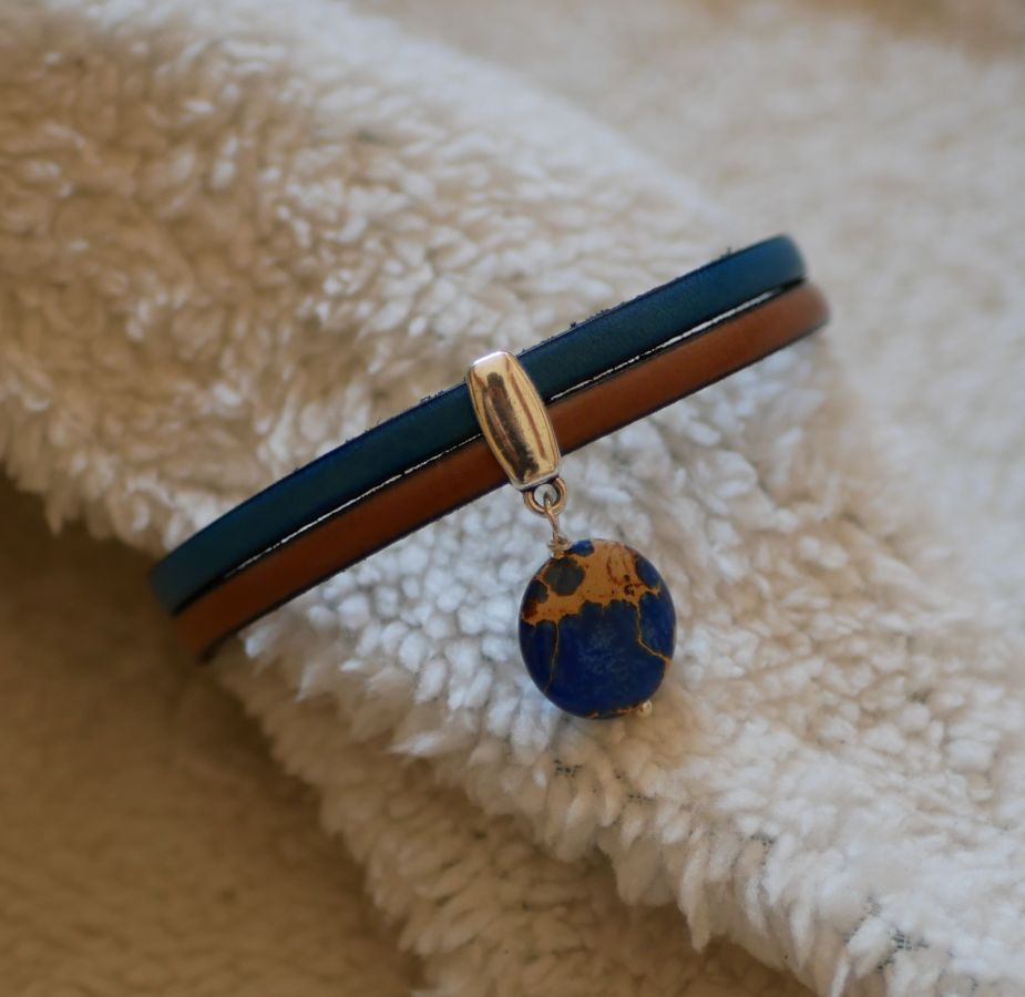 Bracciale duo in pelle con pietra disco in diaspro blu 