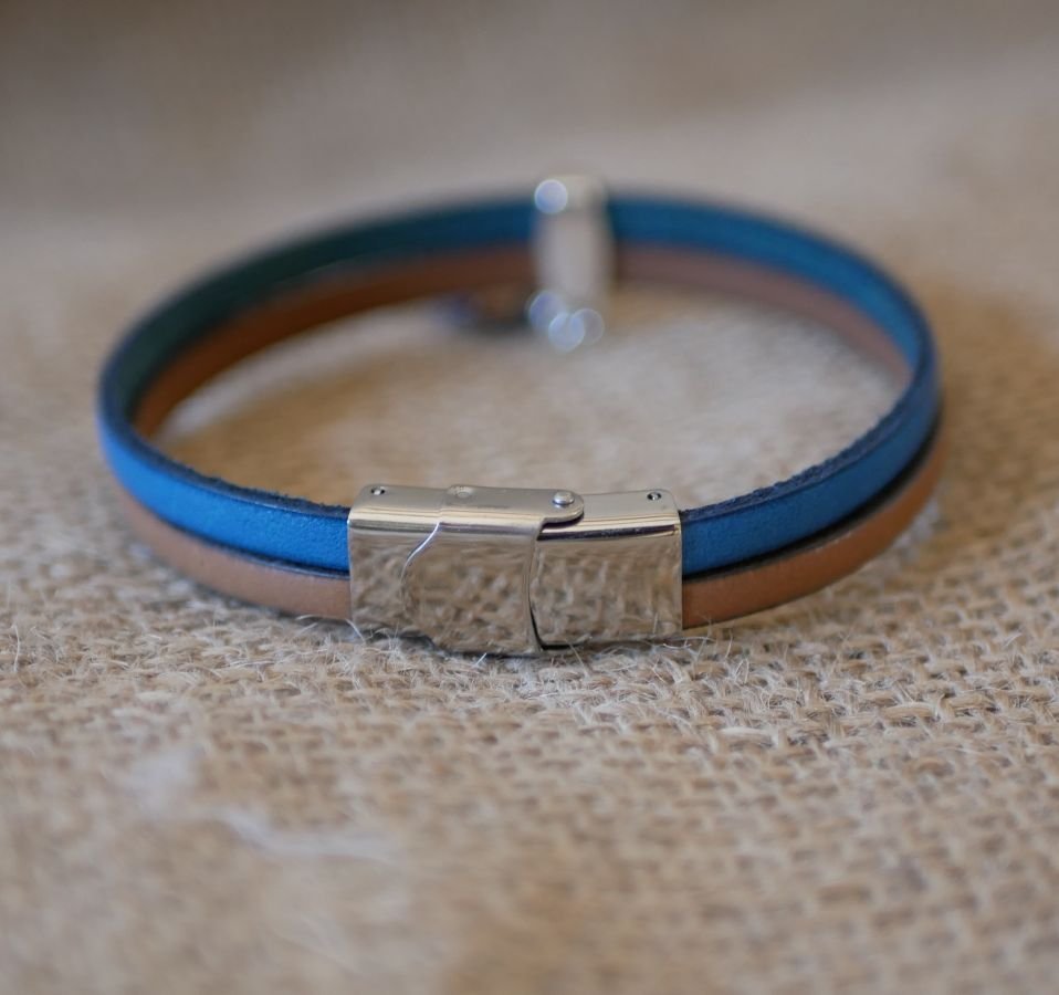 Bracciale duo in pelle con pietra disco in diaspro blu 