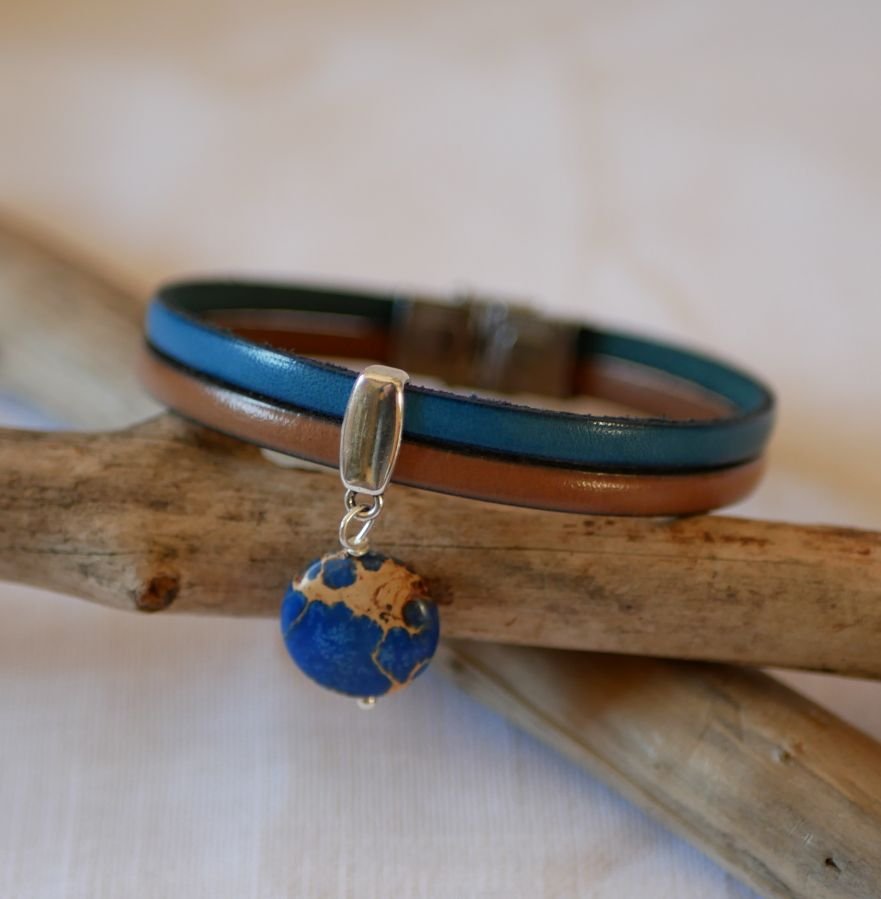 Bracciale duo in pelle con pietra disco in diaspro blu 