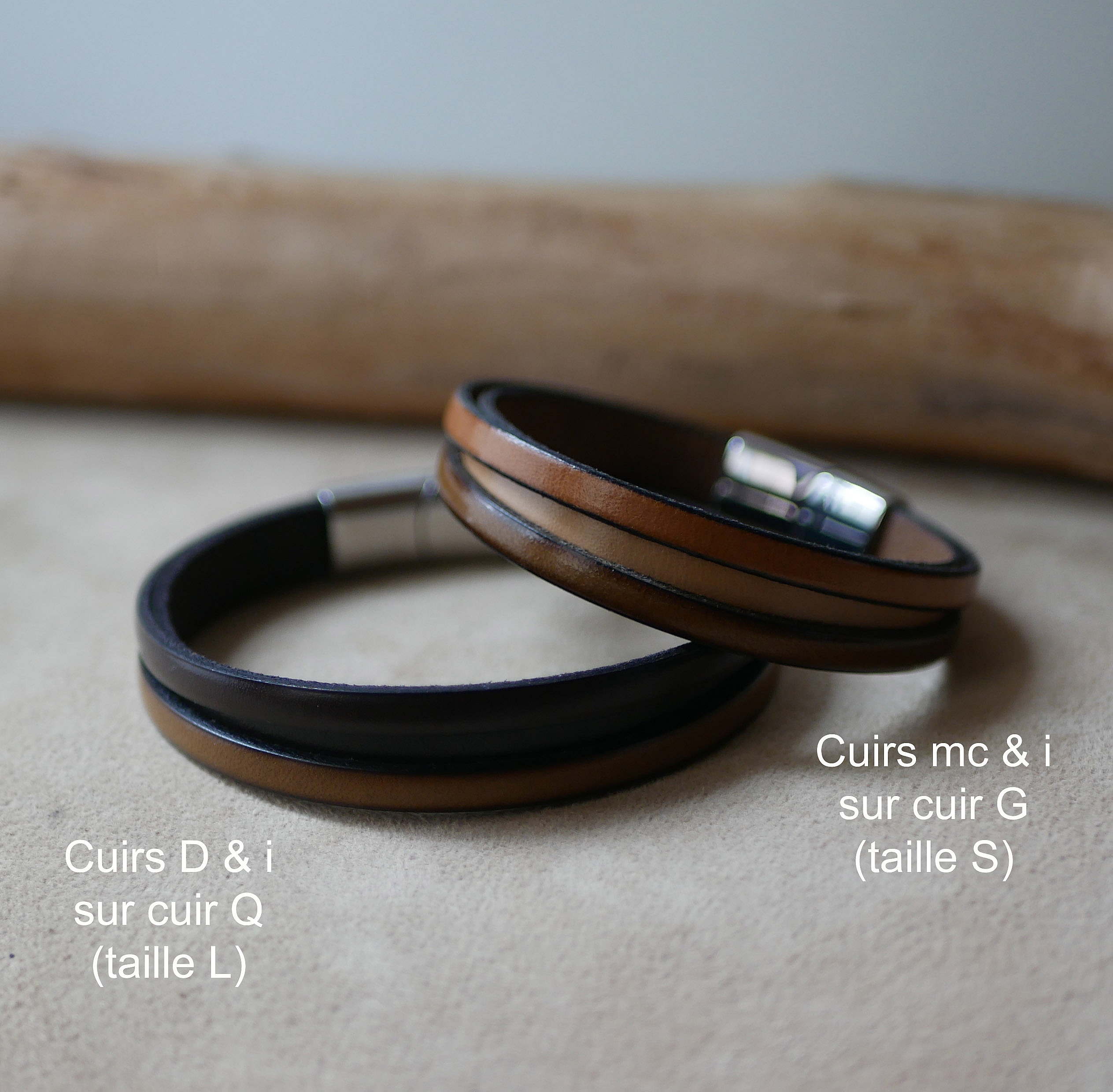 Bracelets personnalisables en cuir avec fermoirs magnétiques en métal.