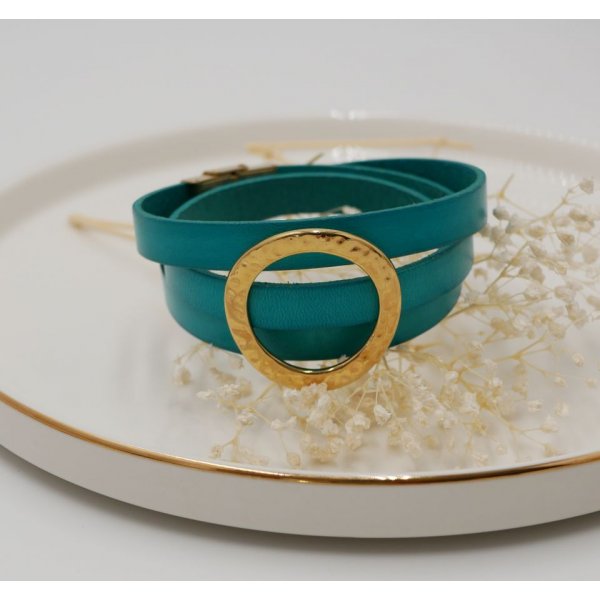 Bracciale in pelle con grande anello dorato, personalizzabile per 3 polsi