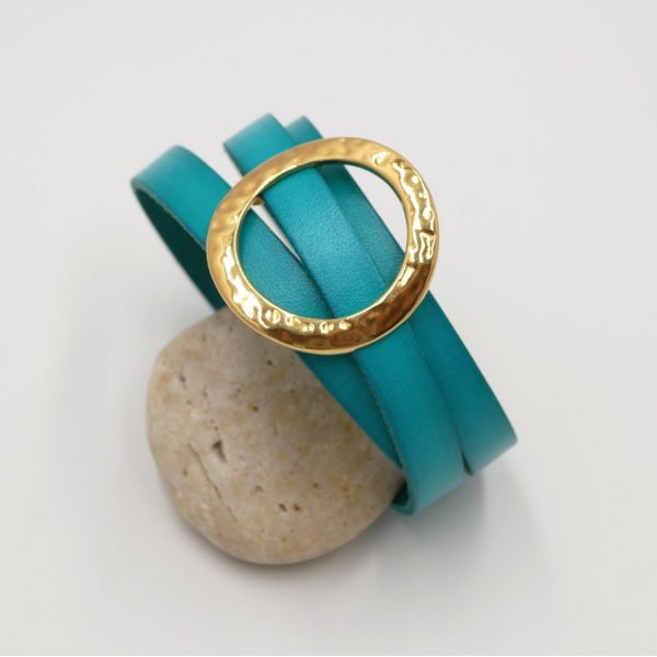 Bracciale in pelle con grande anello dorato, personalizzabile per 3 polsi