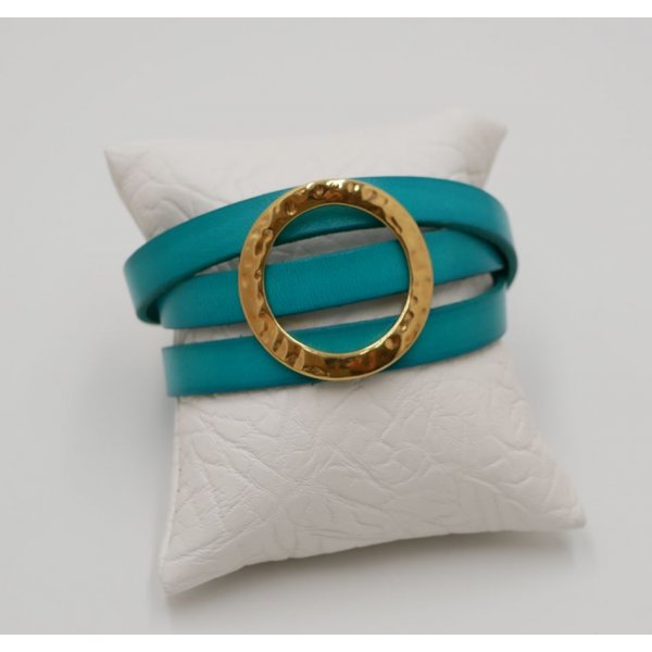 Bracciale in pelle con grande anello dorato, personalizzabile per 3 polsi