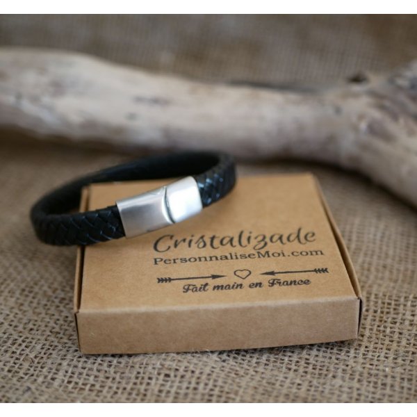 Cinturino da uomo in pelle nera intrecciata con chiusura magnetica in acciaio e chiusura a scorrimento