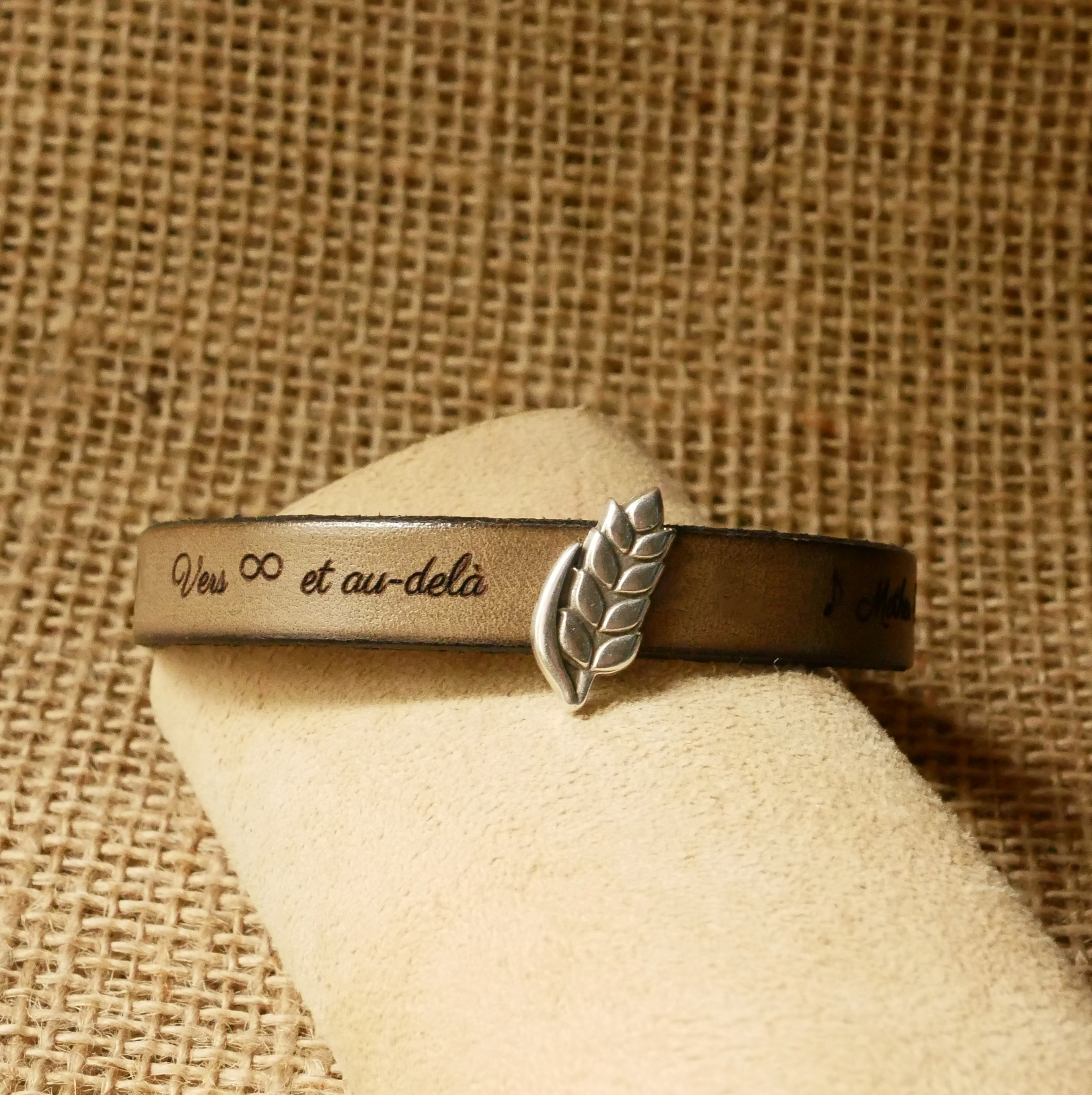 Bracciale e passante in pelle personalizzabile Epi de blé, noces de froment per uomo e donna