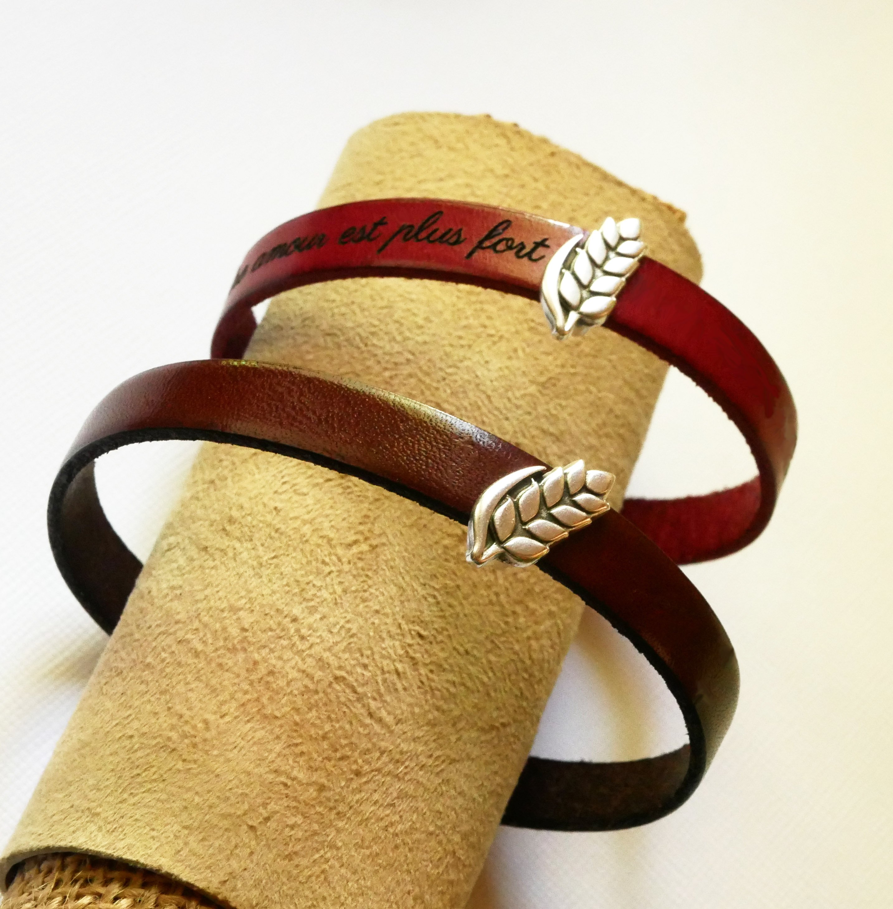 Bracciale e passante in pelle personalizzabile Epi de blé, noces de froment per uomo e donna