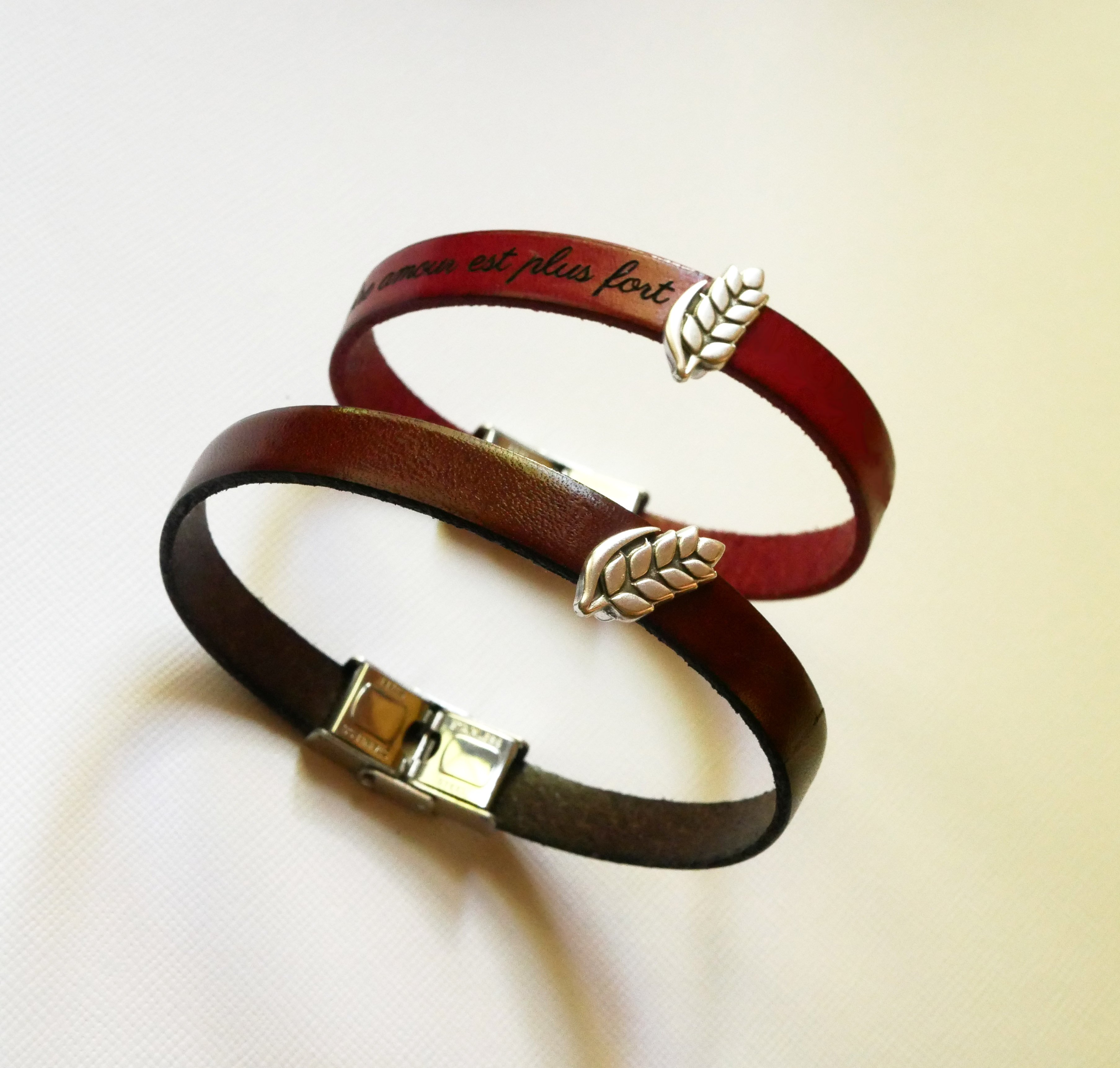Bracciale e passante in pelle personalizzabile Epi de blé, noces de froment per uomo e donna