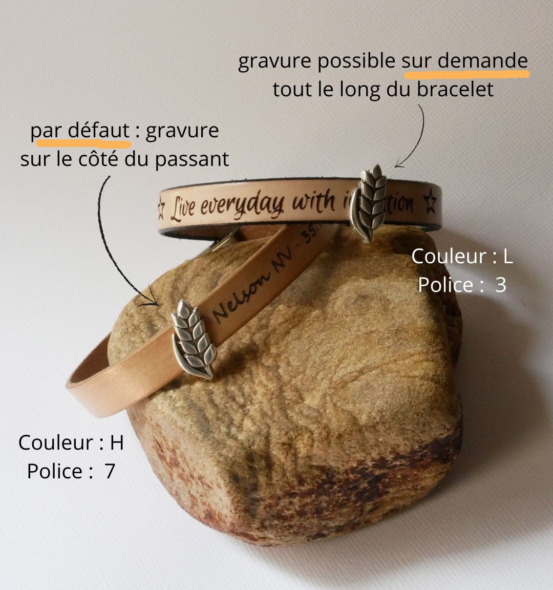 Bracciale e passante in pelle personalizzabile Epi de blé, noces de froment per uomo e donna