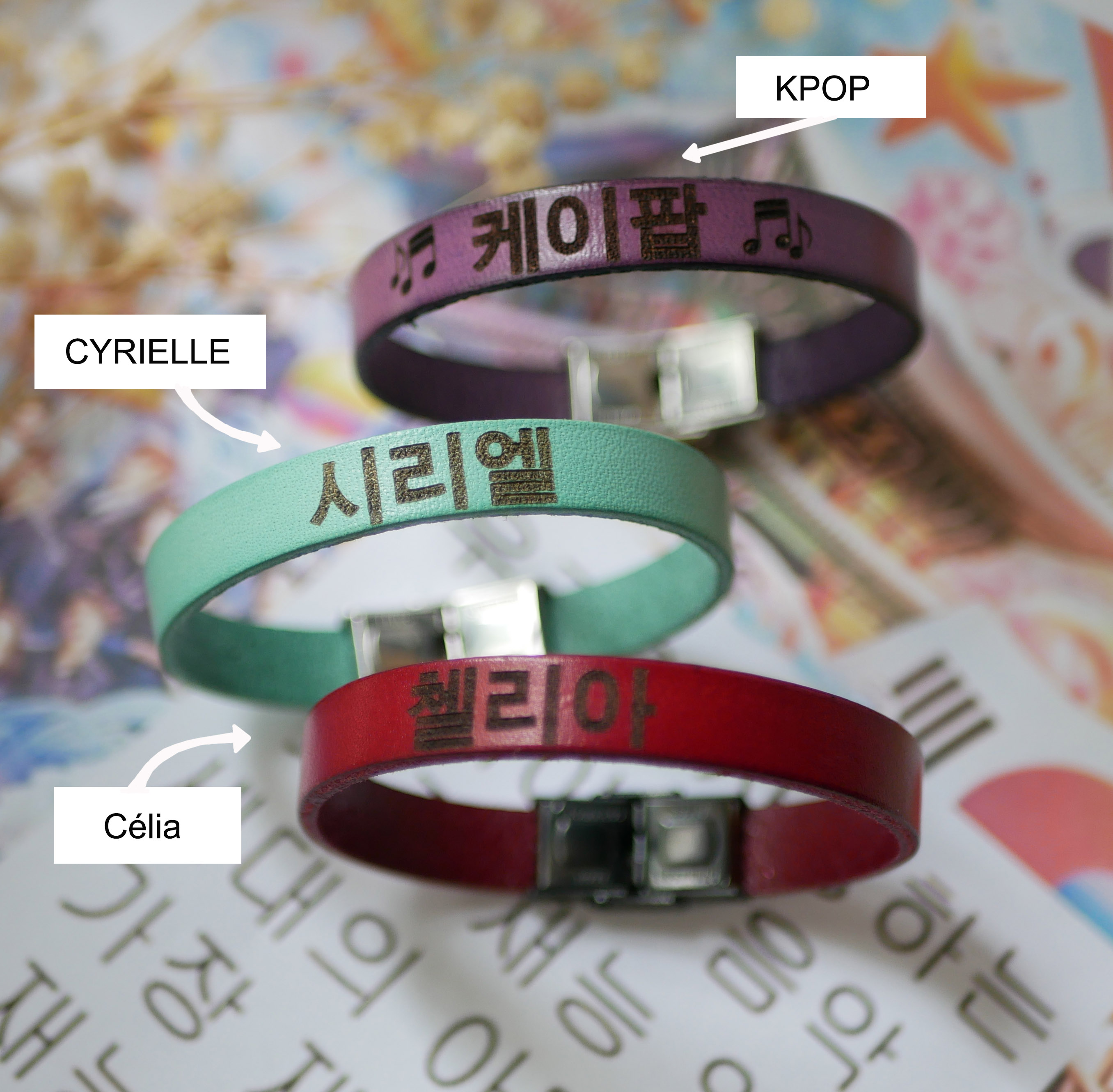 Bracciale in pelle personalizzato nome in coreano kpop fan 