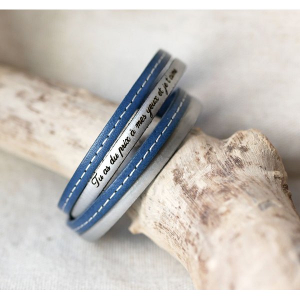 Cinturino in pelle blu a doppia cucitura con chiusura magnetica