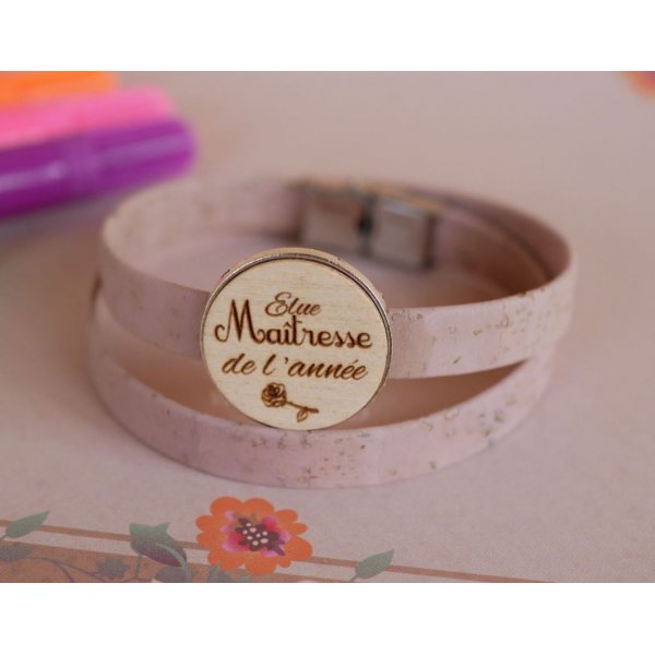 Bracciale doppio in pelle con cabochon in legno inciso da personalizzare