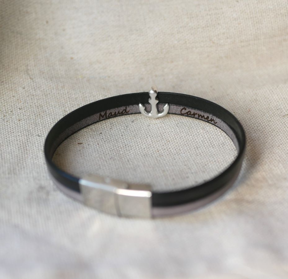 Bracciale duo in pelle con incisione Anchor