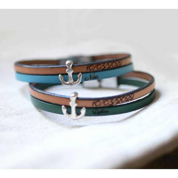 Bracciale duo in pelle con incisione Anchor