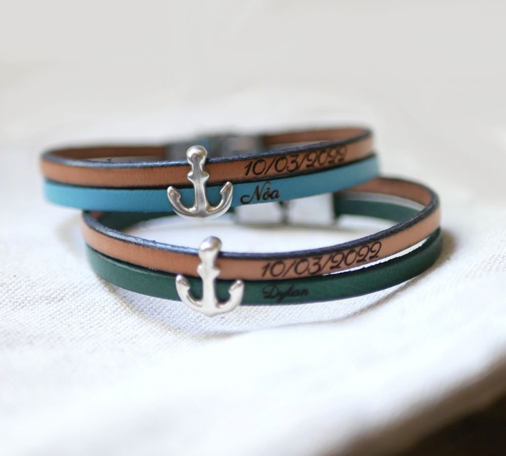 Bracciale duo in pelle con incisione Anchor