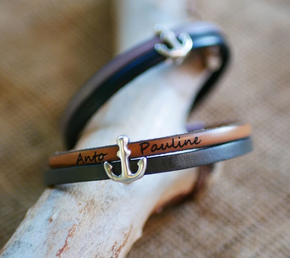 Bracciale duo in pelle con incisione Anchor