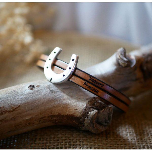 Bracciale duo in pelle e anello a ferro di cavallo personalizzabile per uomo o donna