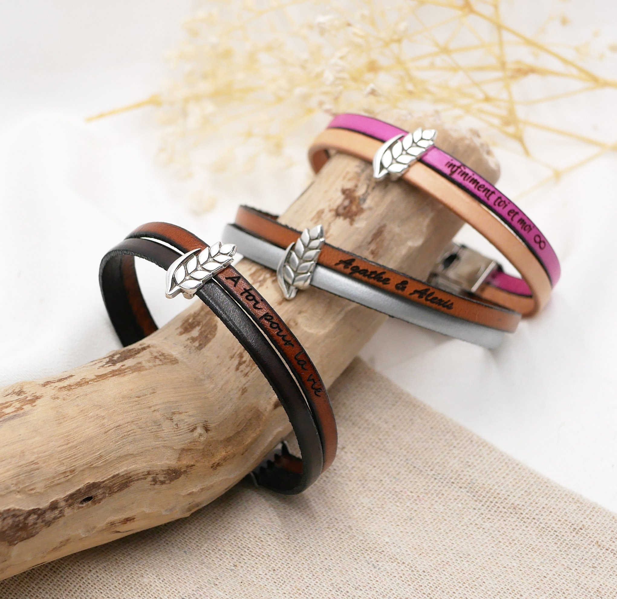 Bracciale duo in pelle e anello all'orecchio in grano personalizzabile, matrimonio in grano uomo e donna