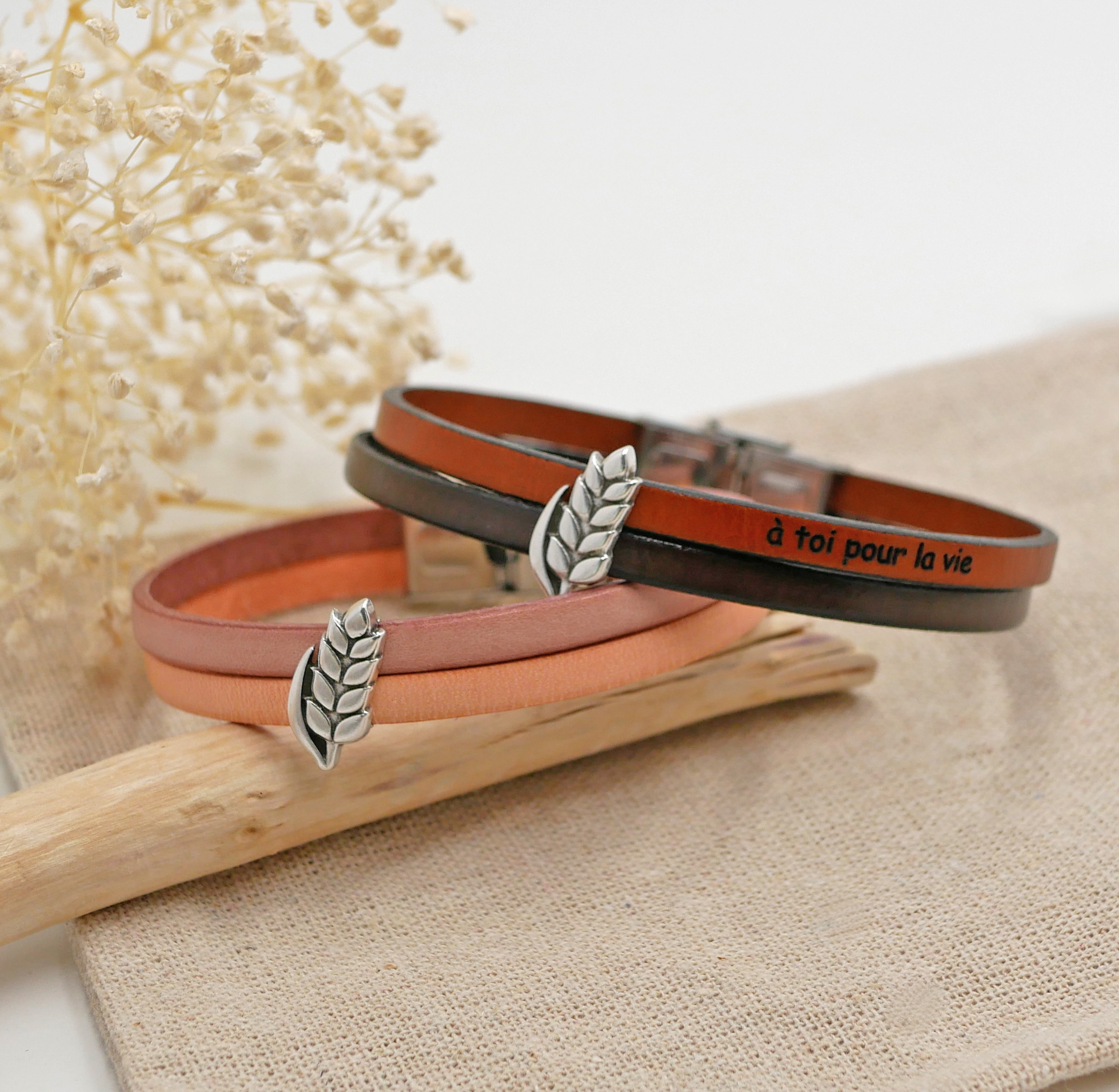 Bracciale duo in pelle e anello all'orecchio in grano personalizzabile, matrimonio in grano uomo e donna