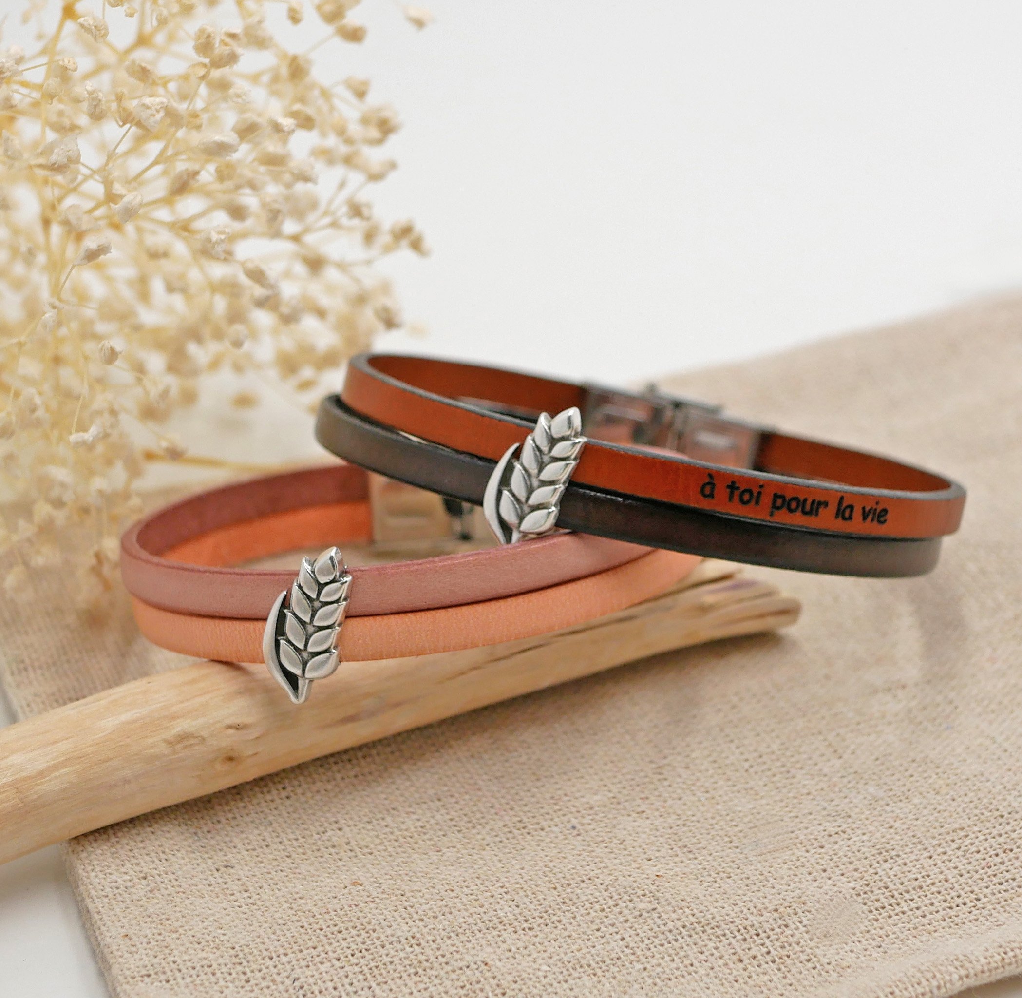 Bracciale duo in pelle e anello all'orecchio in grano personalizzabile, matrimonio in grano uomo e donna