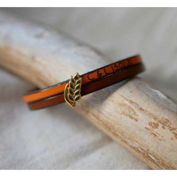 Bracciale duo in pelle e passante per orecchie in grano dorato, personalizzabile, regalo di nozze per donne