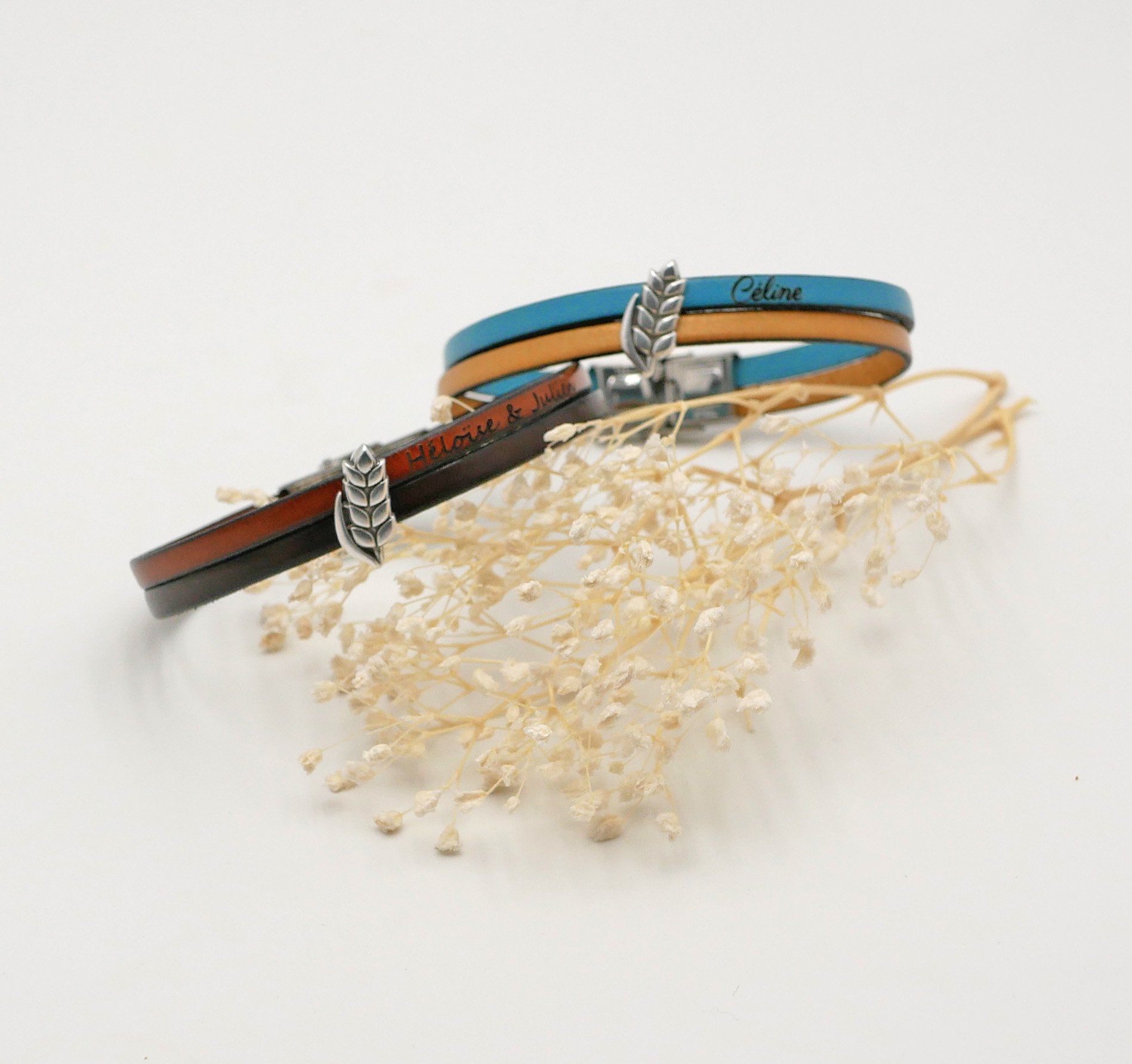 Bracciale duo in pelle e anello all'orecchio in grano personalizzabile, matrimonio in grano uomo e donna