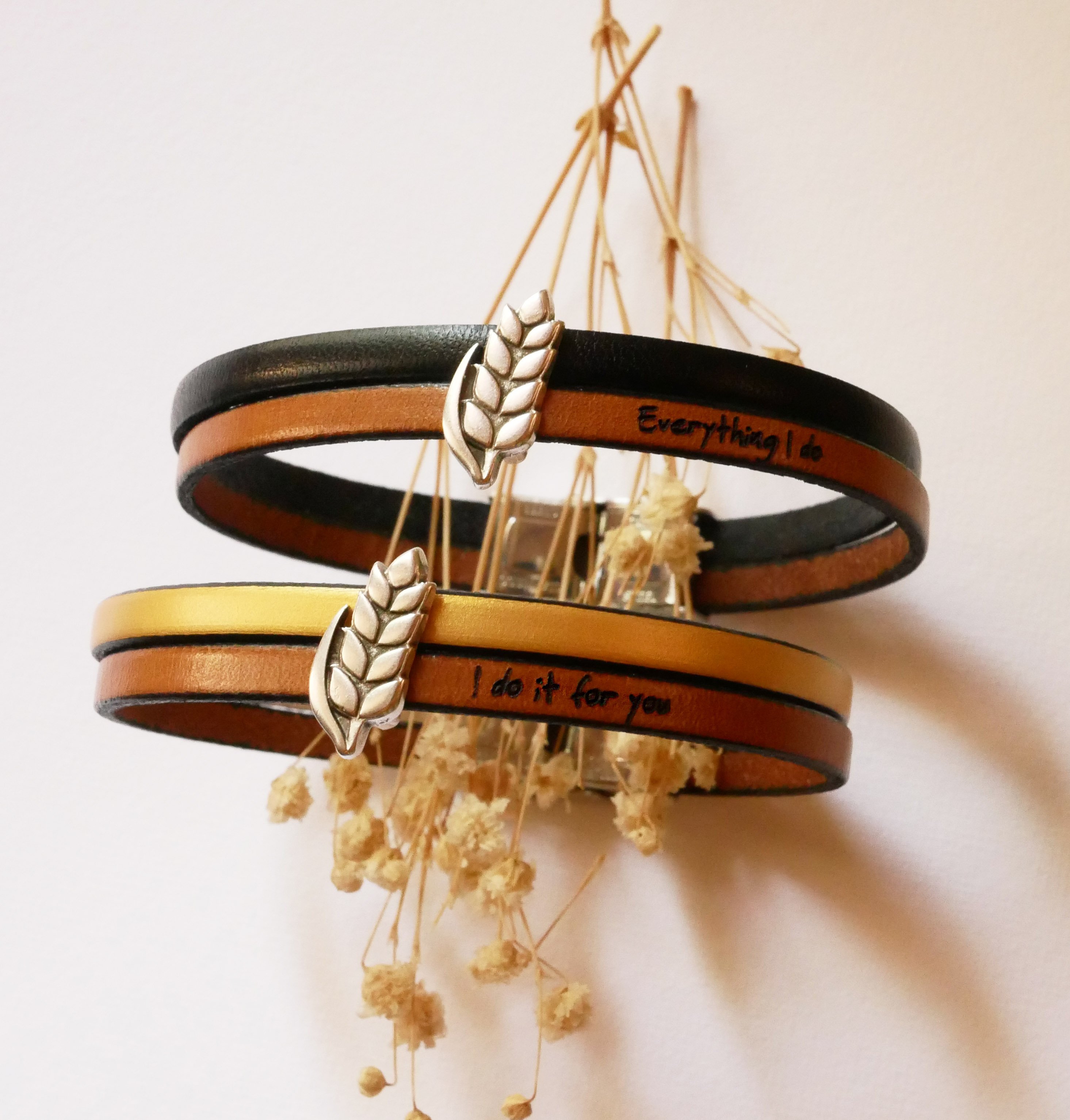Bracciale duo in pelle e anello all'orecchio in grano personalizzabile, matrimonio in grano uomo e donna