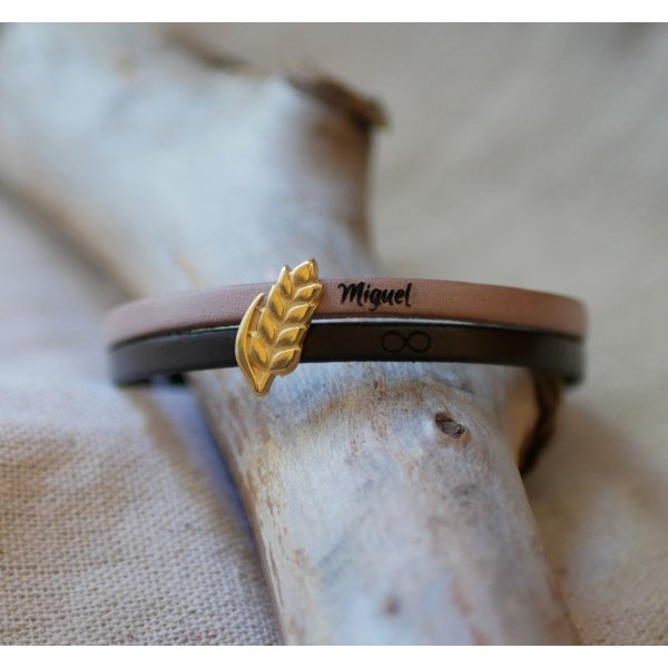 Bracciale duo in pelle e passante per orecchie in grano dorato, personalizzabile, regalo di nozze per donne