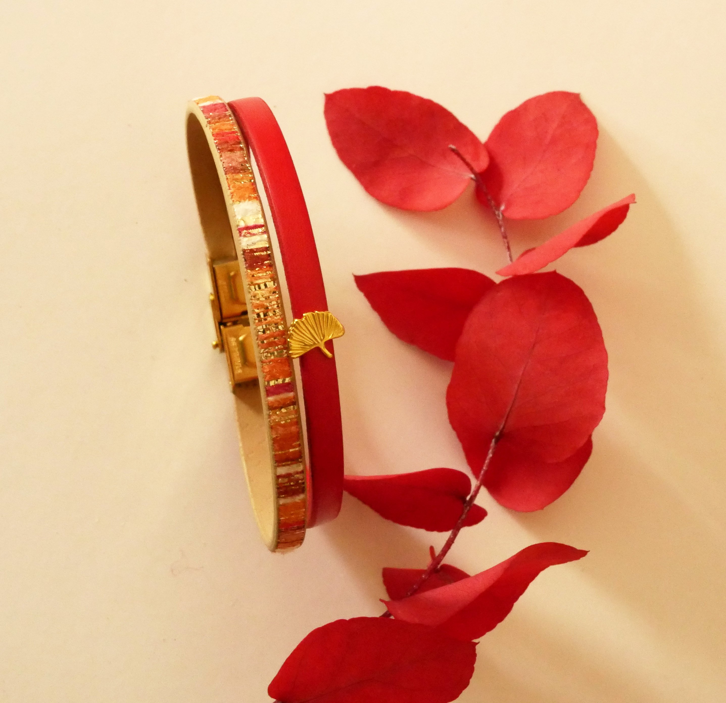 Bracciale duo Rouget in pelle con glitter oro e design Gingko  