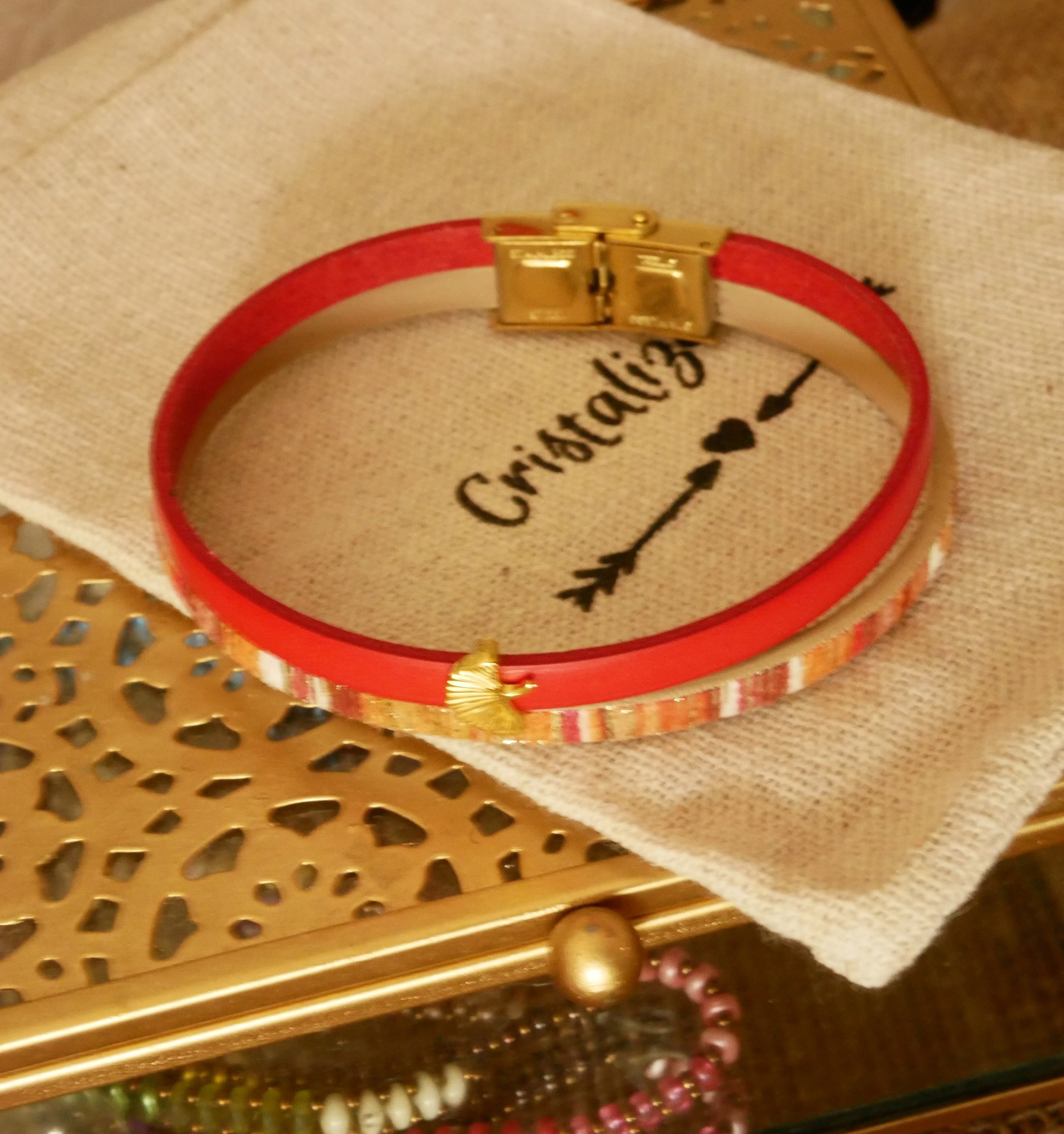 Bracciale duo Rouget in pelle con glitter oro e design Gingko  