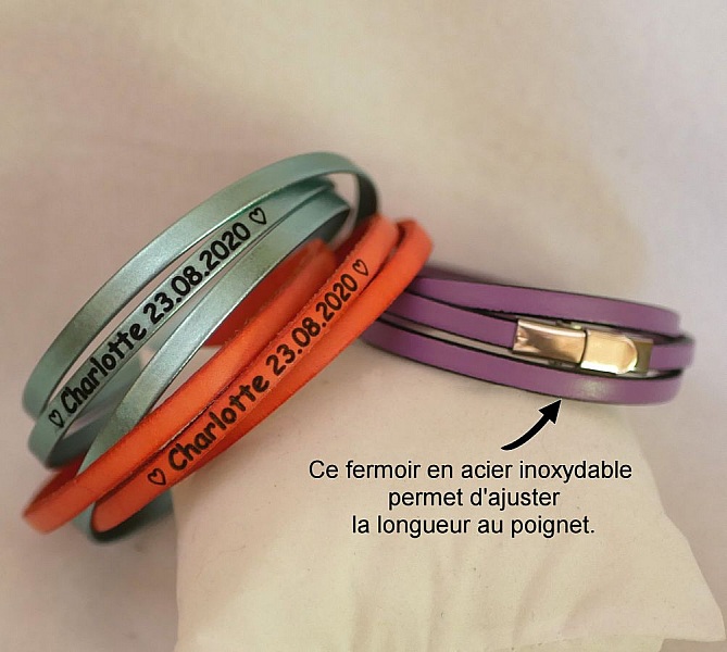 Bracelets en cuir personnalisables avec gravure et fermoir ajustable.