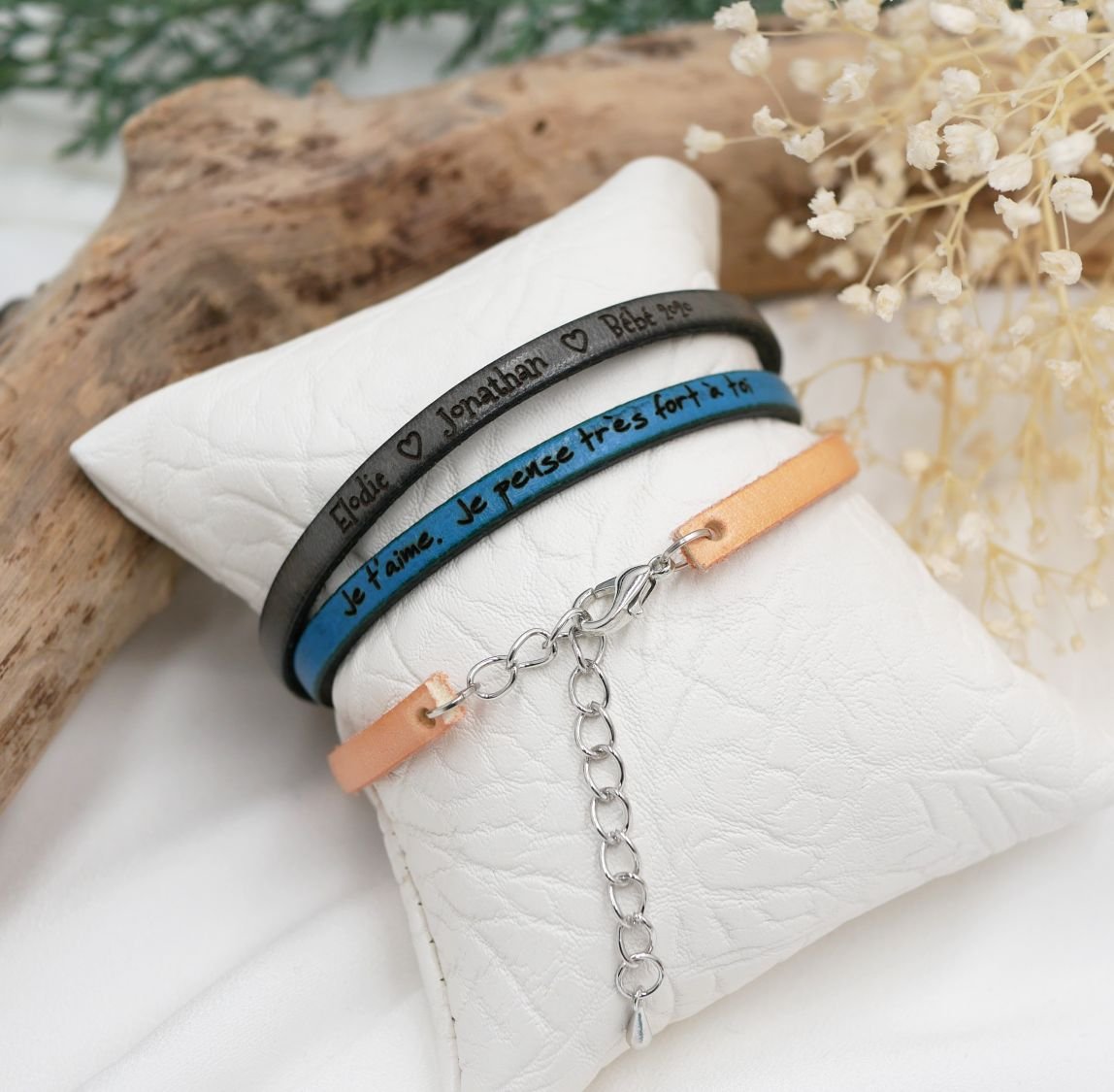 Bracciale da donna in pelle da personalizzare con incisione e catena in argento