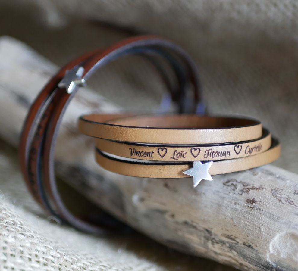 Bracciale in pelle da donna, personalizzabile, design a stella argentata