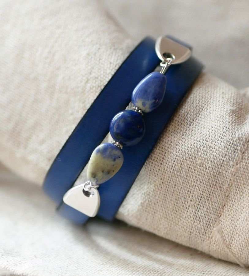 Bracciale in pelle e perle da donna Lapislazzuli blu da personalizzare 