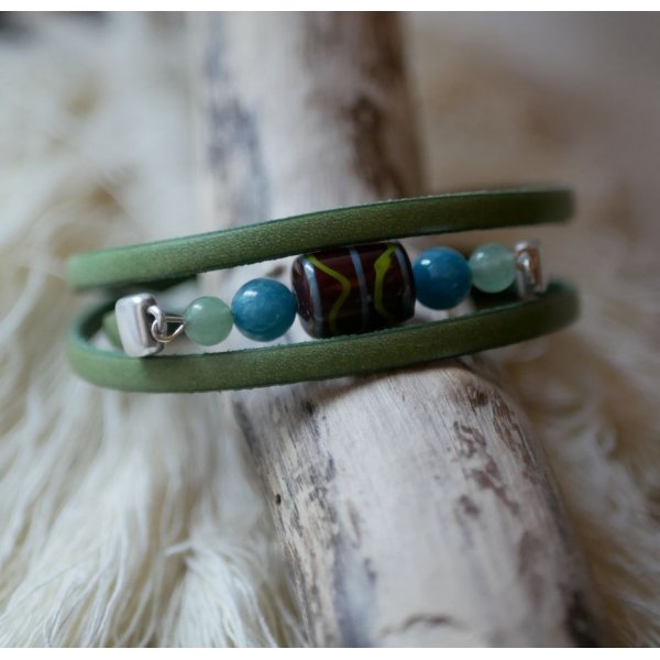 Bracciale da donna in pelle verde turchese e perline di ceramica da personalizzare 