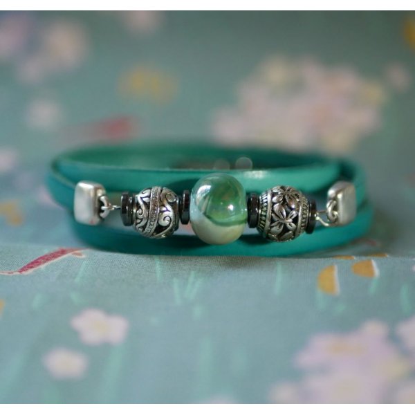 Bracciale da donna in pelle e perle, verde turchese, da personalizzare 