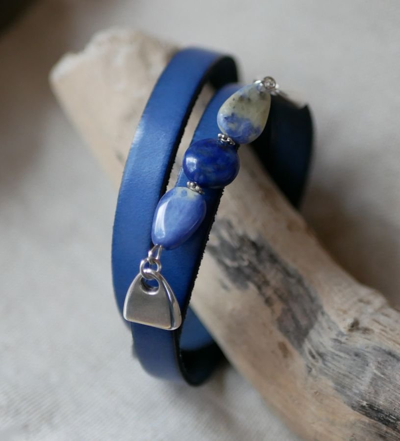 Bracciale in pelle e perle da donna Lapislazzuli blu da personalizzare 