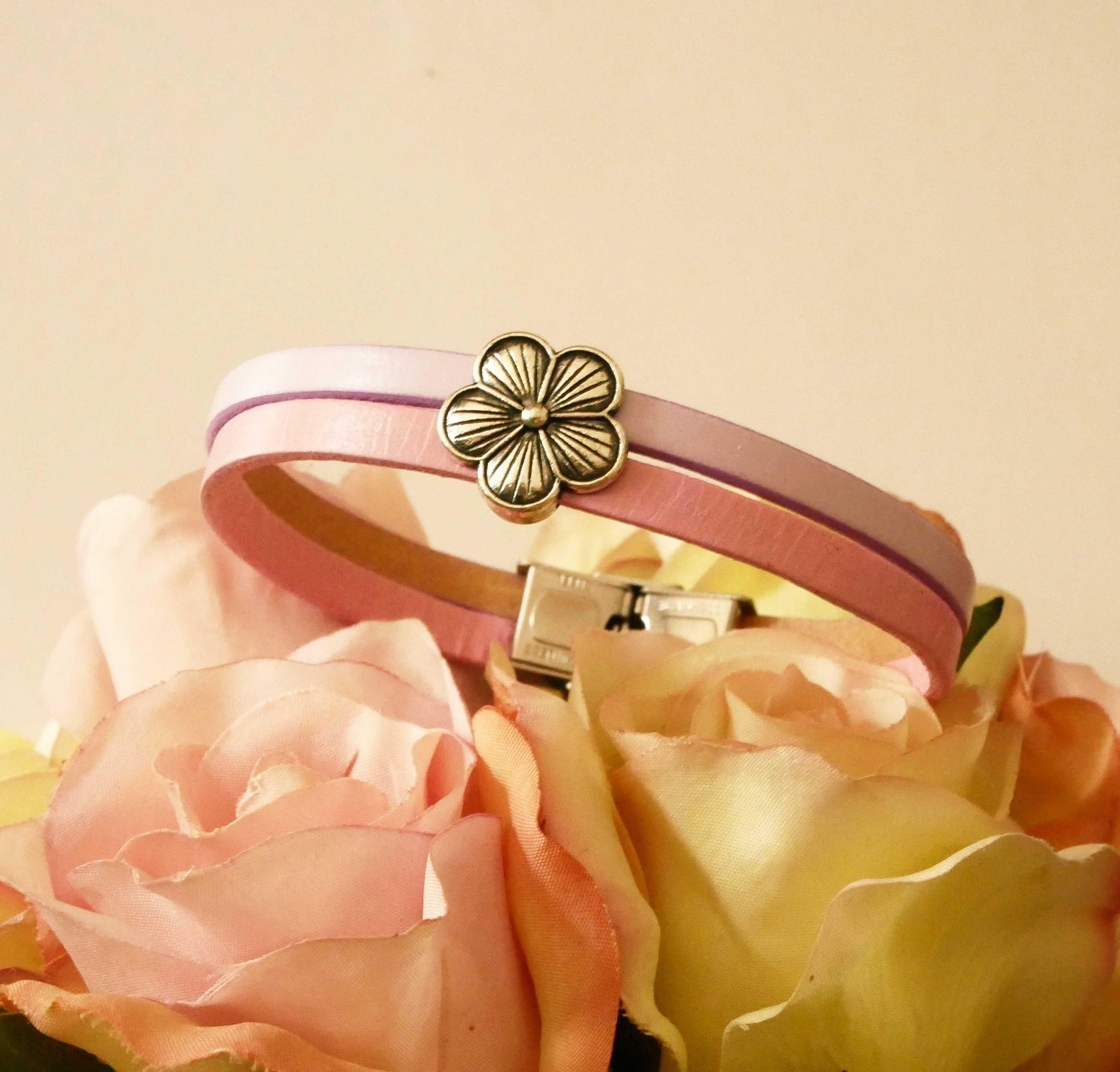 Bracciale duo in pelle con disegno floreale da personalizzare 