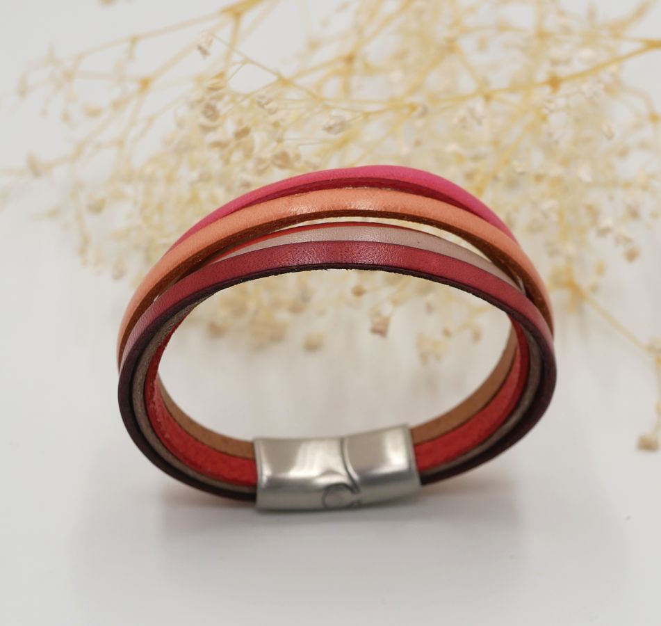 Bracciale da donna in multi-pelle con polsino Rosso, Pesca, Corallo, Beige