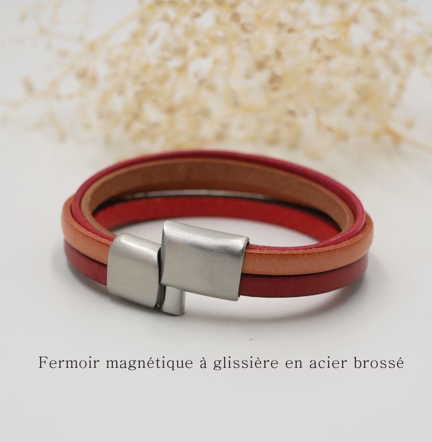 Bracciale da donna in multi-pelle con polsino Rosso, Pesca, Corallo, Beige