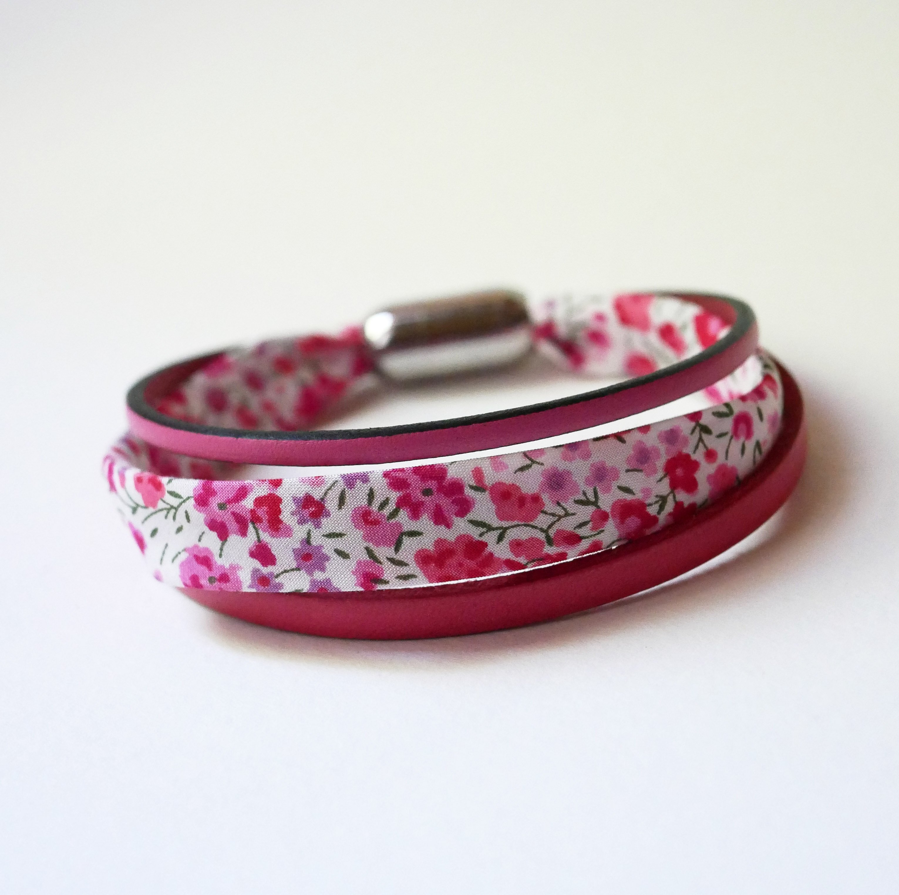 Bracciale donna trio pelle e fiori rosa liberty 